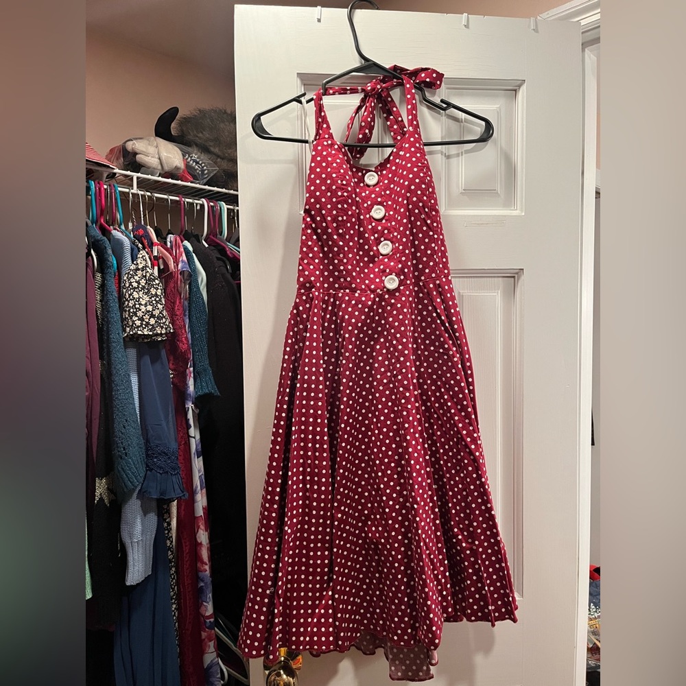 Reddish- Brown polka dot retro inspired halter dress
